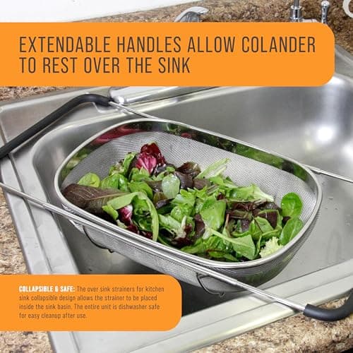 U.S. Kitchen Supply Stainless Steel Colander Strainer - 6-Quart Collapsible Colander with Expandable Rubber Handles - Rectangular Sieve, Fine Mesh Stainless Steel Strainers and Colanders for Kitchen 5