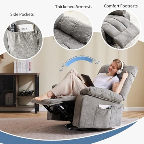 DUMOS Rocker Recliner Chair, Swivel Recliner with Vibration Massage & Lumbar Heating, 270° Rotating Chenille Fabric Recliner with footrest for Living Room & Bedroom, Grey 7