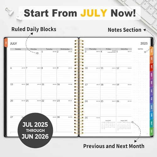 SUNEE Academic Planner 2025-2026 Weekly and Monthly, July 2025-June 2026, 8.5"x11", Tabs, Note Pages, Pockets, Bookmark, Flexible Cover, Spiral Binding, Black 3