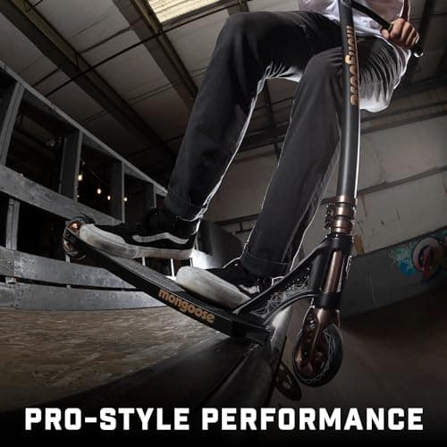 Mongoose Rise 110 Expert Freestyle Stunt Trick Scooter, Lightweight Alloy Deck & Heavy-Duty Frame Up to 220 lbs., Bike-Style Grip, High Impact 110mm Wheels, Black/Tan 6