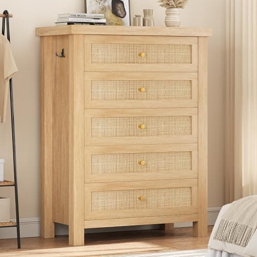 Natural Rattan Dresser for Bedroom with 5 Drawers, Wood Boho Chest of Drawers with Gold Metal Handle, Matte Top Bedroom Tall Dresser with Large Drawers for Living Room, Closet, Hallway, (Nartual)