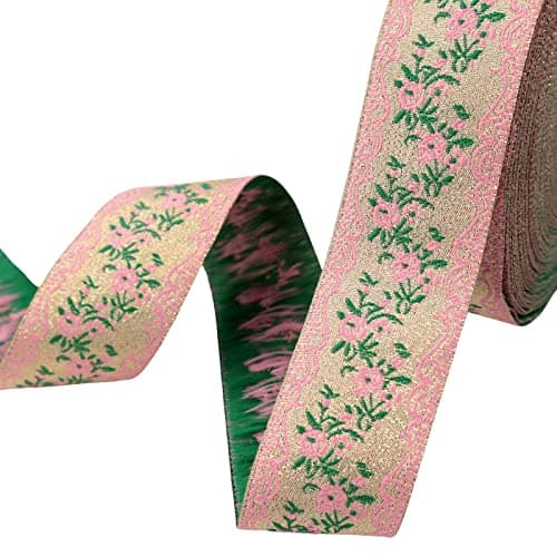 IDONGCAI Floral Jacquard Ribbon Trim – 5 Yards Pink Embroidered Lace Ribbon for Wedding Decor, DIY Crafting, Gift Wrapping, Sewing, Fashion Accessories & Home Decorations