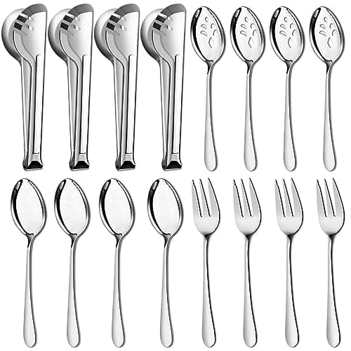Pleafind 16 PCS Serving Utensils, Stainless Steel Serving Utensils Set with Serving Spoons, Slotted Serving Spoons, Serving Forks and Serving Tongs, Serving Utensils for Parties Buffet Banquet