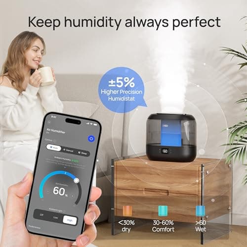 Dreo Smart Humidifiers for Bedroom, Top Fill 4L Supersized Humidifier Large Room with 28 dB, 36H Runtime, Touch/APP/Voice Control, Nightlight, Cool Mist Humidifiers for Baby, Plants, Indoor, Black 8
