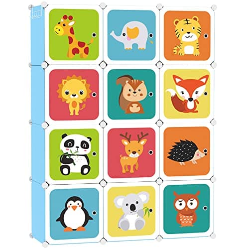 C&AHOME Kids Toy Cartoon Cube Storage Organizer with Doors, 12-Cube Shelves, Closet Cabinet, DIY Plastic Modular Bookshelf Ideal for Bedroom, Living Room, 42”L x 14”W x 56”H Blue UPCS3512L-DOOR