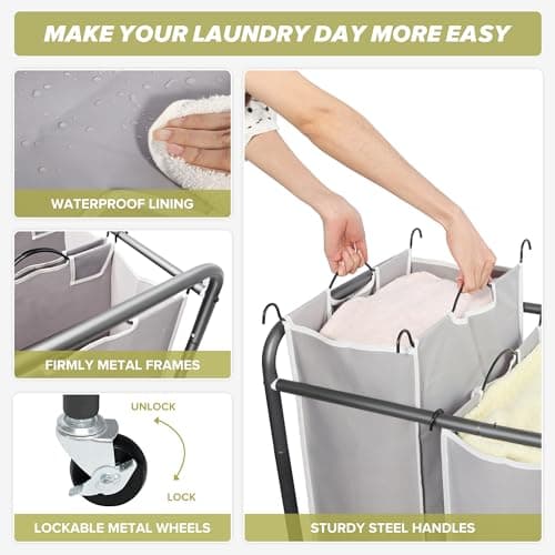 STORAGEIDEAS Laundry Sorter Hamper with Wheels, Heavy-Duty Laundry Sorter Rolling Cart, Lockable Wheels and Removable Bags, 4 Sections, Grey 5