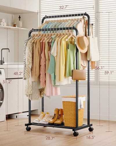Sakugi Clothes Rack - Double Rods Clothing Rack with Mesh Shelf, Hooks & Wheels, Metal Clothing Racks for Hanging Clothes & Bags, Multifunctional Garment Rack for Laundry, Black, 28.7" x 16.5" x 59.1" 2