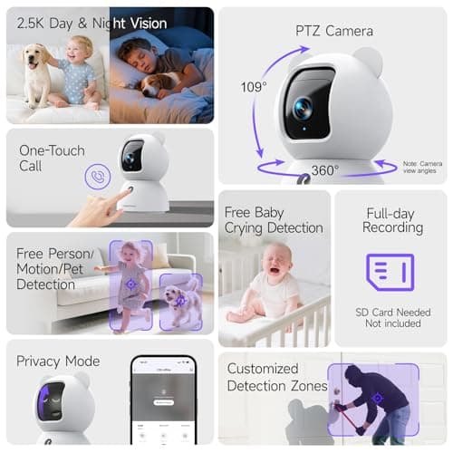 2.5K Security Camera Indoor, Non-Subscription AI Person/Pet/Cry Detection, 4MP Pet/Dog/Cat Camera w/Phone App, Pan Tilt 2.4GHz WiFi Cameras for Home Security, Full Duplex 2-Way Audio, IR Night Vision 9