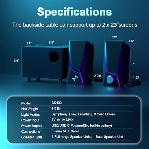 Nylavee Computer Speakers with Subwoofer, 2.1 Hi-Fi PC Speakers System with 6 Lighting Modes, Enhanced Bass, Plug and Play, USB/USB-C Powered and 3.5mm Aux in for Desktop, Monitor, Laptop, Tablet 6