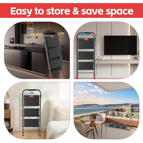 Step Ladder Foldable Folding Stool - for Home Adults Kitchen 3 Stepping Extension Tall Heavy Duty with Handrails - Closet Stepstool Stair Ladders Extendable Stepladder for Indoor House 800Lbs 6