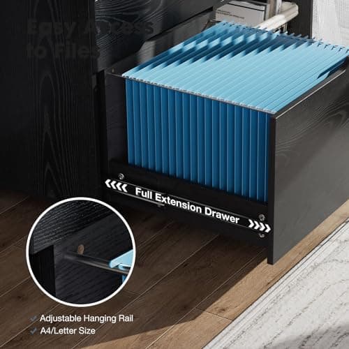 DUMOS Lateral File Cabinet with 3 Drawers Rolling Filing Cabinets Under Desk Storage Printer Stand Wood Organizer with Wheels Adjustable Shelf for Office Home Small Space, Black 7