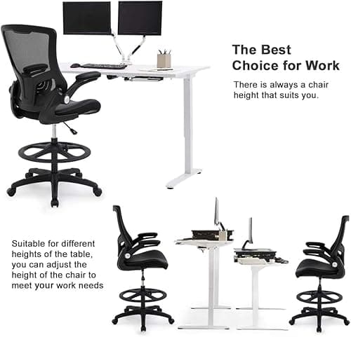 Drafting Chair Ergonomic Tall Office Chair Standing Desk Chair with Flip Up Arms Foot Rest Back Support Adjustable Height Mesh Drafting Stool, Black 7