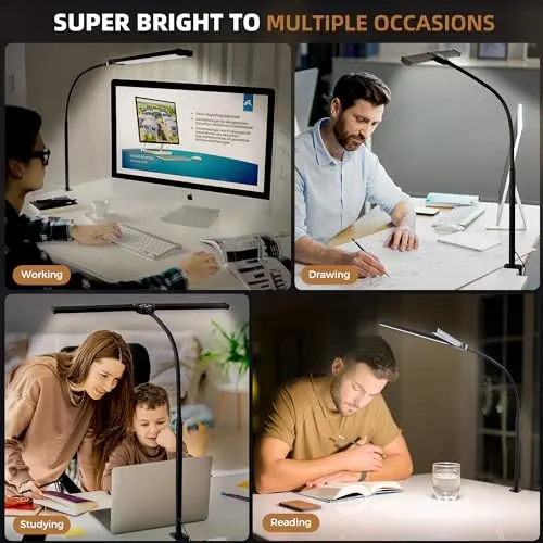 Motumen Led Desk Lamp for Home Office, Eye-Care Architect Light with Clamp, Smart Double Head Computer Monitor Table Clip Lamp, Adjustable Flexible Goose-Neck, 25 Lighting Models, Task Lamp, Black 6