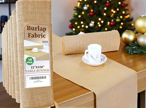 MDS Pack of 10 Pieces Wedding 12 x 108 inch Long Natural Burlap Table Runner, Rustic Farmhouse Jute Country Vintage Burlap Roll Runner for Wedding, Party Table Decorations , Boho Décor - Natural