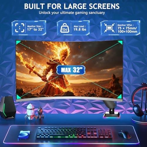 Heavy Duty Single Monitor Mount with RGB Light, Height Adjustable Arm for 17'32' Screens up to 19.8 lbs, VESA Mount with Clamp and Grommet Base, Black 5