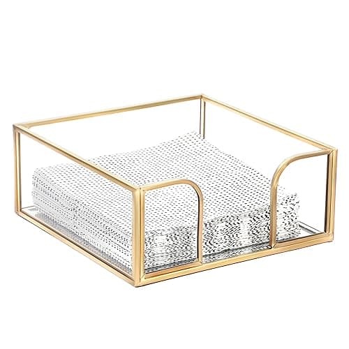 Sumnacon Cocktail-Sized Napkin Holder Square Glass Napkin Holder Table Gold Stylish Cocktail Napkin Holders for Kitchen Dining Table Counter,Decorative Napkin Basket for Picnic Wedding Party