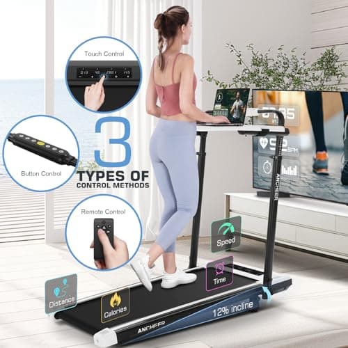 ANCHEER Walking Pad Treadmill with 15% Incline&Adjustable Height, 8 in 1 Under Desk Treadmills with Desk Workstation, Foldable Treadmill for Home 450lb,3 Type Control (White) 5