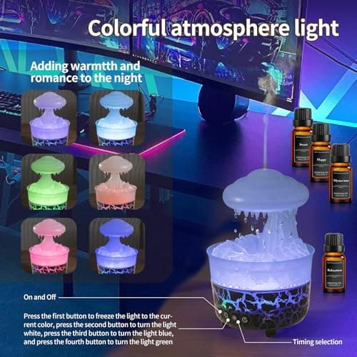 BOHOFAM Aroma Essential Oil Diffuser,Rain Cloud humidifier Simultaneously Water Drip and Air Mist,Rain Diffuser with 4 Hotel Collection Essential Oils for Home,Bedroom,Colorful Light(Black) 5