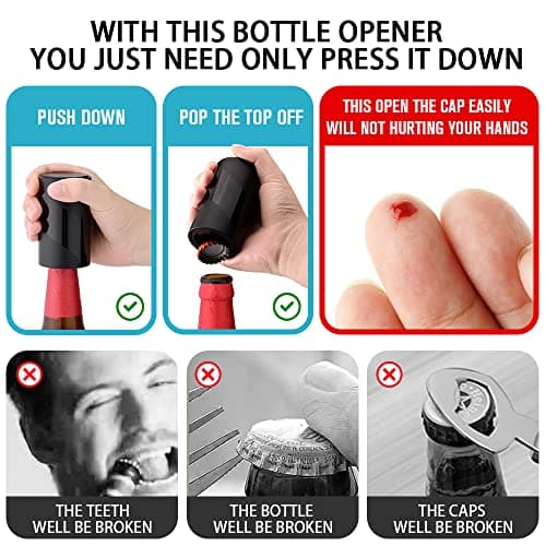 2 PACK Push Down-Pop Off Beer Bottle Opener with Magnetic Cap Catcher No Damage to Caps,Automatic Decapitator Beer/Soda Magnet Bottle Top Openers,One-Hand Easy/Funny Open,Cool Bartender Tools (Black) 6