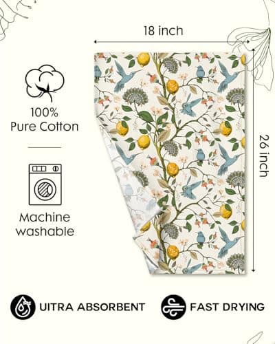Miss Adola Flour Sack Kitchen Towels Set of 2-18x26 Cotton Dish Towels with Hanging Loop Reusable Tea Towel for Cleaning Spring Absorbent Dishcloths Cute Home Decor Housewarming, Lemon Birds 5