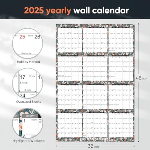 32" x 48" 2025 Wall Calendar - Rolled Packing - 12 Month Yearly Planner - Wet & Dry Erase Monthly Erasable Calendar January to December Vertical/Horizontal, Erasable & Reusable 5