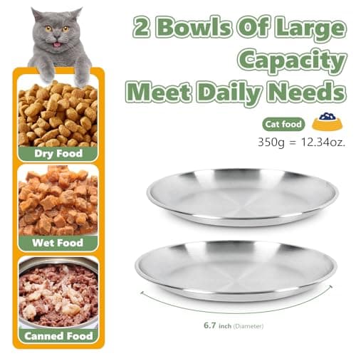 Petdream 4-Pack Stainless Steel Cat Food Bowls, Shallow Whisker-Friendly Non-Slip Silicone Base Metal Dishes, Easy to Clean Indoor Feeding Flat Plates for Cat, Kitten, Small Dog (6.7") 5