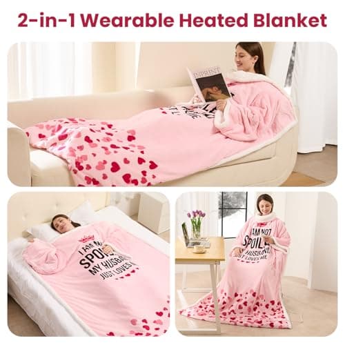 Wearable Heated Blanket for Women, Unique Christmas Birthday Gift for Wife, Electric Throw Blanket with Sleeves, Foot Pocket, Heated Robe for Mom, 3 Heat-Level & Timer, ETL Safe, Spoiled Wife, Pink 6