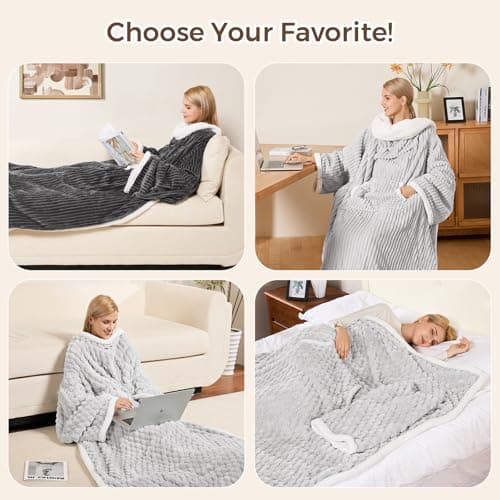 Electric Blanket Heated Throw, Soft Flannel & Sherpa Wearable Heated Blanket with Sleeves, Heating Wearable Blanket with 6 Heating & 12H Auto Off, ETL Certified, Home Office Use, 52x72 Inch, Dark Grey 8