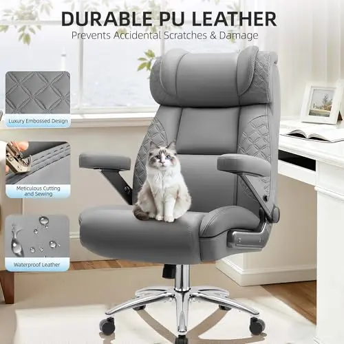 Office Chair, 5D Flip Arm Ergonomic Desk Chair with Adjustable Lumbar Support for Back Pain, Extra Wide 500LBS Comfy Big and Tall Office Chair, Executive Leather Computer Game Chair for Heavy People 8