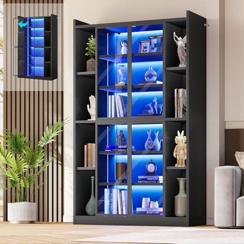 SEDETA 71" Display Cabinet with Acrylic Glass Doors, 6 Tier Display Cases for Collectibles, Curio Cabinet with LED Lights, Tall Bookcase with Adjustable Shelves, Black
