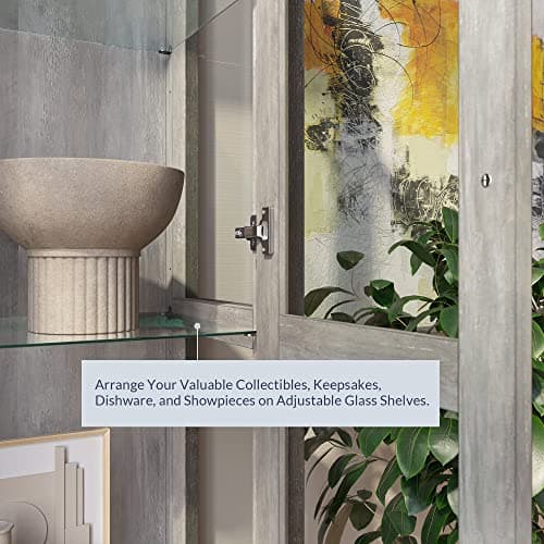 BELLEZE Glass Display Cabinet, Tall Curio Cabinet with Tempered Glass Doors for Living Room, Trophy Display Case - Avalon (Gray Wash) 5