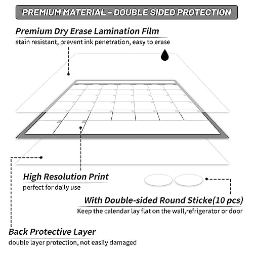 Large Dry Erase Calendar for Wall, Undated 1 Month Wall Calendar, 40" x 28" Erasable & Reusable Laminated Calendar, 10 Round Stickers, Great Layout Wall Calendar Monthly for Home Office School 6