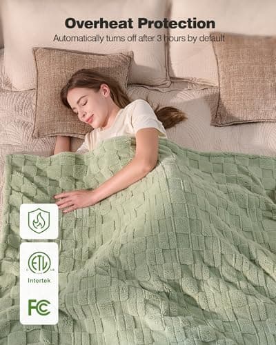 Yokimisu Heated Throw Blanket 50"x60" - 9-Level Fast Heating & 1-10H Timer, Fluffy Plush Blanket with Snap Buttons for Secure Fit, Soft Cozy Gift for Women/Men, for Couch, Bed & Office, Green 5