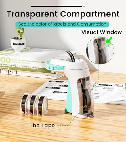 EazeID Embossing Label Maker - Manual Vintage Label Maker with 3 Tapes, 3D Portable, Old School for Home, Office Organization and DIY Crafting - Omega Green, 9mm 7