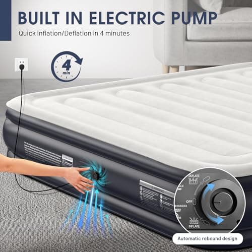 King Air Mattress With Built In Pump,Blow Up Mattress 2 Mins Self-Inflation/Deflation,Upgraded Thicker Inflatable Mattress，Flocked Top Air Bed with Storage Bag for Guests,Home，Camping，750 lbs Max 5