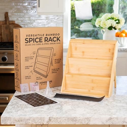 Extra Sturdy 3-Tier Bamboo Spice Rack – 12" W x 10" D x 13" H – Foldable Non-Slip Wooden Spice Organizer for Countertop and Cabinet – Includes Labels, Funnel & Hooks – Spice Jars NOT Included 9