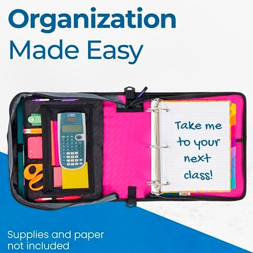 Case-it Mighty Zip Tab School Zipper Binder | 3-Inch O-Rings, 600-Sheet Capacity, 5-Subject Expanding File Folder, Multiple Pockets & Storage Organizer, Shoulder Strap | D-146 Magenta 7