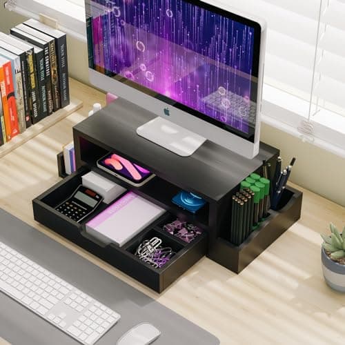 Simple Trending Monitor Stand Riser and Computer Wood Desk Organizer with Drawer and Pen Holder for Laptop, Computer, iMac, Black 7