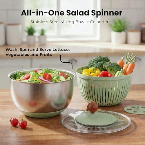 Stainless Steel Salad Spinner Large - Fruit and Vegetable Wash Bowl with Strainer - Lettuce Spinner, Fruit Cleaner, Collapsible Salad Dryer 5.3 Quart Capacity 7