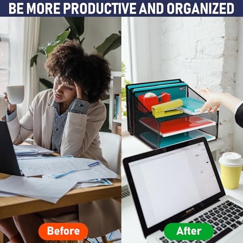 Office Desk Organizer Metal Mesh with 3 Paper Trays and 2 Vertical Upright Sections, Desktop File Holder for Letter Size A4, Folders, Stationary, and Desk Accessories Black 5