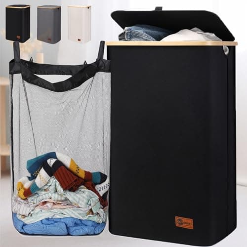 120L Laundry Hamper with Lid - Tall Laundry Basket with Removable Laundry Bag, Bamboo Handles, Collapsible, Sturdy, Clothes Hamper for Bedroom, Bathroom, Dorm, Laundry Room, Black