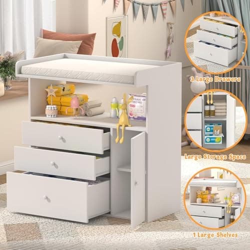 GOFEI Baby Changing Table Dresser with Wide Tabletop, 3 Drawers & Open Storage Space, Baby Dresser with Changing Table Top, Perfect for Baby Bedrooms & Nurseries 5