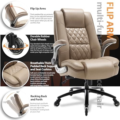 EZAKI High Back Office Chair-Flip-up Arms Executive Computer Desk Chair, Built-in Lumbar Support Thick Padded Adjustable Rock Tension Ergonomic Design for Back Pain 6