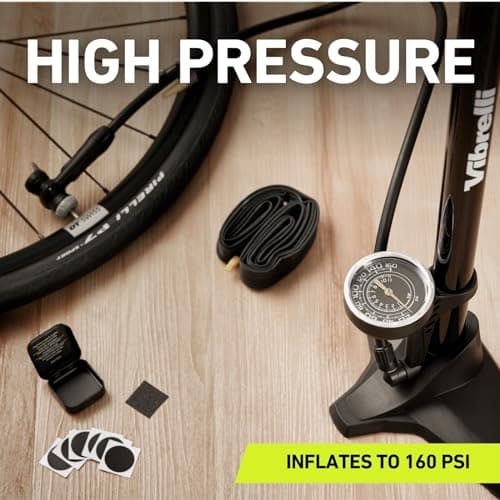 VIBRELLI Bike Floor Pump with Gauge & Puncture Kit - 160 PSI - Presta Valve Bike Pump Switches to Schrader - High Pressure Bicycle Pump,Black 6
