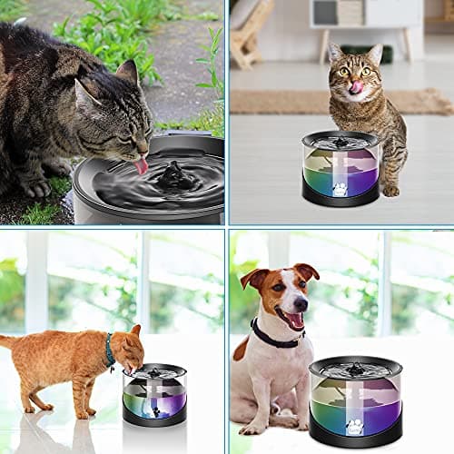 Kastty Cat Water Fountain, Pet Water Fountain for Cats Indoor, Cat Water Dispenser 2.2L/74oz, Super Quiet, Long Life Span Pump, Black+Colorful LED Light 6