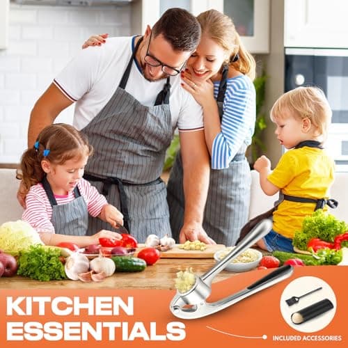 Kitchen Garlic Press, Rust Proof & Dishwasher Safe Garlic Mincer, Durable Garlic Crusher Set with Peeler＆Brush, Easy to Clean and Squeeze, Matte 7