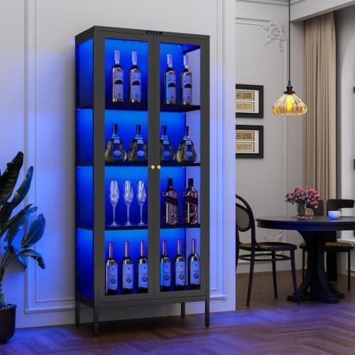 Polup Glass Display Cabinet with 8-Color LED Lights, Black Curio Cabinet with Glass Doors, 66 Inch Tall Display Case for Collectibles, Metal Storage Cabinet for Living Room, Assembly Required 8