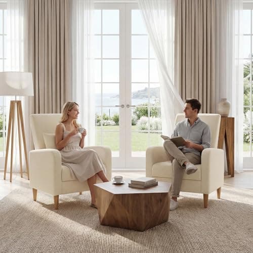 COLAMY Mid-Century Modern Upholstered Accent Chair with Back Pillow & Solid Wood Legs, Fabric Cozy Armchair for Living Room, Bedroom, Reading Nook, Apartment & Small Spaces, Beige 8