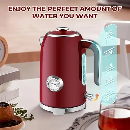 SUSTEAS Electric Kettle - 57oz Hot Tea Water Boiler with Thermometer, 1500W Fast Heating Stainless Steel Pot, Cordless LED Indicator, Auto Shut-Off & Boil Dry Protection, Red 5