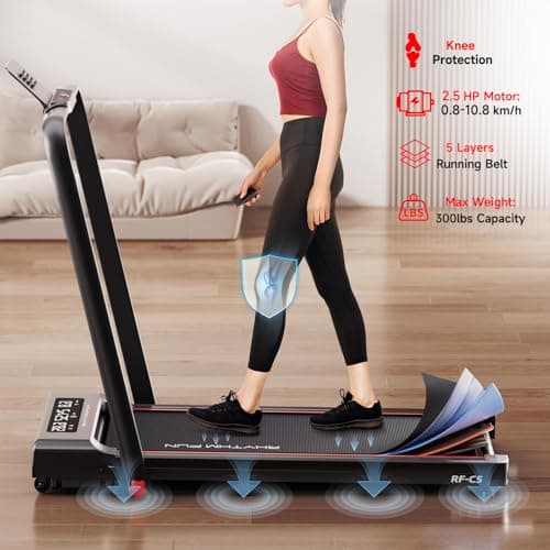 RHYTHM FUN Foldable Treadmill, 300 lb Capacity Walking Pad 2.5HP Treadmill Under Desk, Portable Treadmill for Home and Office, Folding Treadmill 2 in 1 with Remote Control, LED Display, BlackRed 5